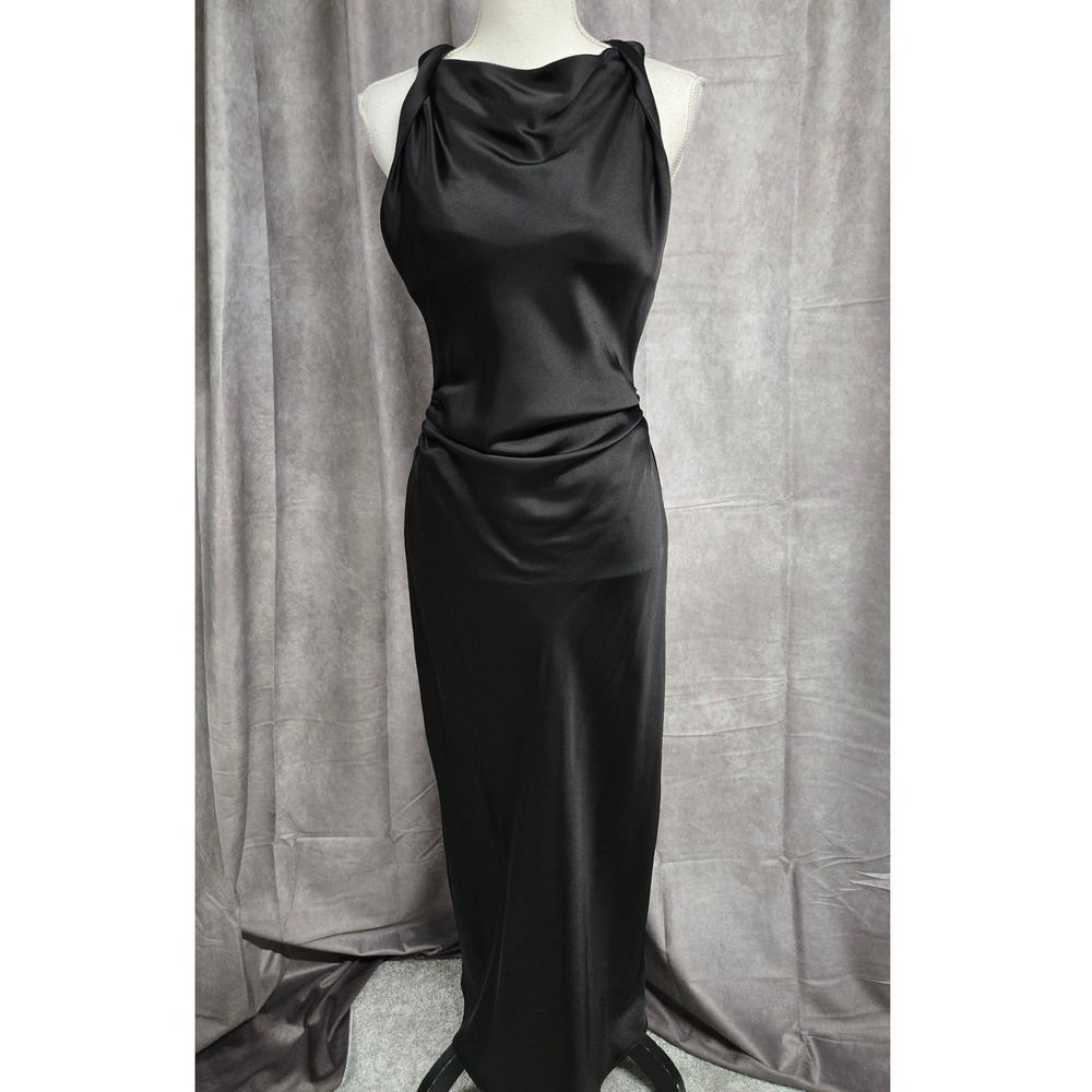 Zara Satin High Neck Ruched Maxi Dress Sleeveless Formal Evening Black Size S